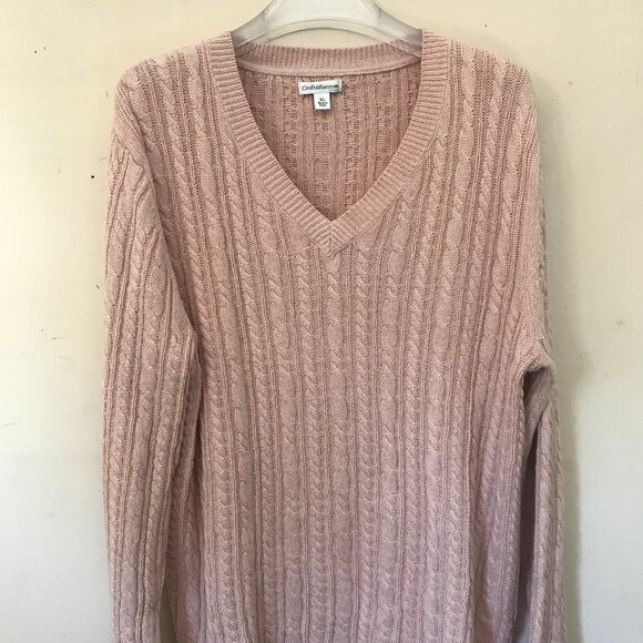 Croft & Barrow Cotton Pink w/ Gold metallic thread V-neck Cable knit Sweater XL - Picture 1 of 5